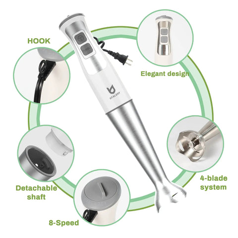 Immersion Hand Blender 3-in-1, 8-Speed Stick Blender With Milk Frother And Egg Whisk, BPA Free, detached attachments shown