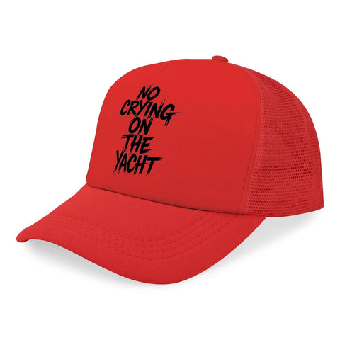 Red Ponytail Baseball Hat For Men Lightweight Hiking Cap With Anti Sweat Band featuring 'No Crying on the Yacht' text design