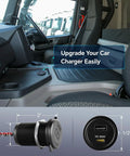 Rock Solid 100W PD 3.0 USB C Car Charger in truck console showing installation details and dimensions for easy upgrade.