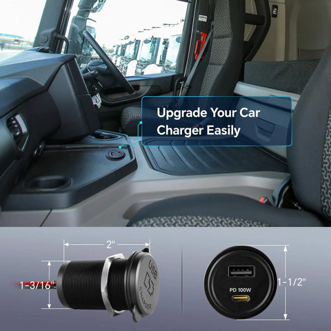 Rock Solid 100W PD 3.0 USB C Car Charger in truck console showing installation details and dimensions for easy upgrade.