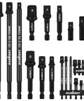Heavy Duty Impact Socket Adapters Set For Drills In One Quarter Inch Hex Shank And Three Eighths Inch And One Half Inch Sizes, CRV Steel