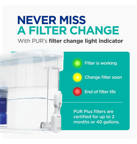 Lead Reducing Water Filter Dispenser With WQA Certified Filter And 30 Cup Capacity featuring filter change light indicator.
