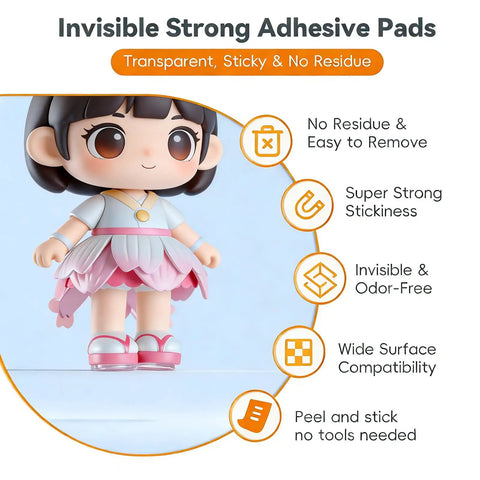 Super Grippy Removable Glue Dots For Diy Crafts And Home Decor Total Game Changer Formula Clear adhesive pads on a doll.