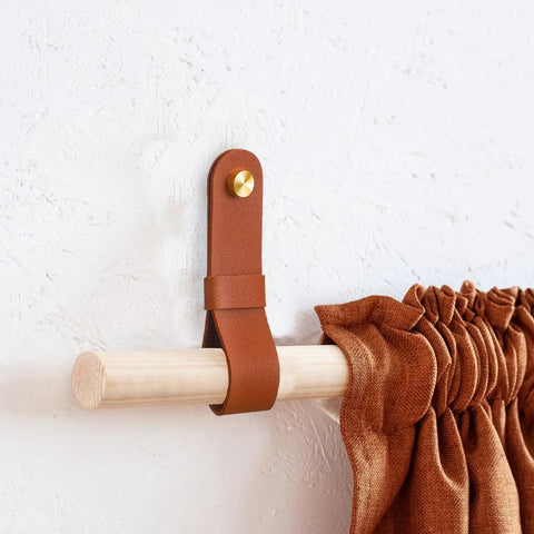 Six Piece Robust Leather Curtain Rod Holders With Universal Wall Mount Kits For Towel Bars And Fresh Home Decor Looks Featuring Zero Hassle Screws That Actually Deliver Top Shelf Quality, brown leather holder on wooden rod.