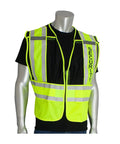 Premium Ansi 207 Certified Public Safety Vest In High Viz Yellow And Black featuring adjustable straps and reflective tape.