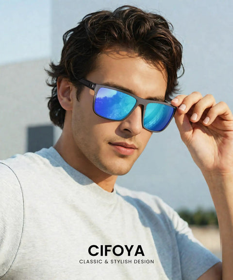 Person wearing polarized square sunglasses for men and women, UV protection, classic black frame for fishing driving golf.