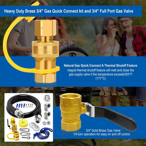 48 Inch Gas Hose Kit With Quick Disconnects And Three Quarter Inch Fittings, showing brass connectors and valve for kitchen use