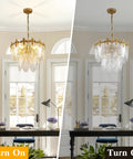 Next Level Two Layer Gold Crystal Glass Chandelier And Four Light Round Pendant Fixtures With Brushed Brass Finish Lighting On And Off