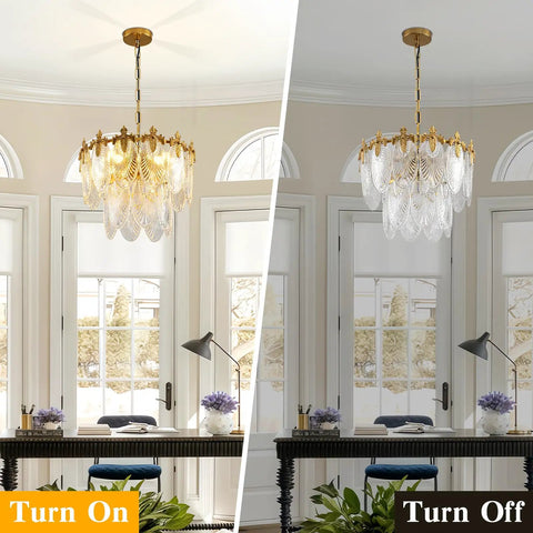 Next Level Two Layer Gold Crystal Glass Chandelier And Four Light Round Pendant Fixtures With Brushed Brass Finish Lighting On And Off
