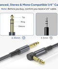 Right Angle to Straight One Quarter Inch TRS Instrument Cable 10ft 2-Pack showing 6.35mm connectors and braided nylon jacket.