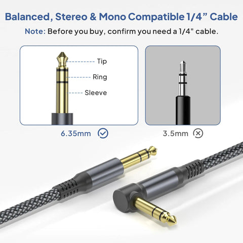 Right Angle to Straight One Quarter Inch TRS Instrument Cable 10ft 2-Pack showing 6.35mm connectors and braided nylon jacket.