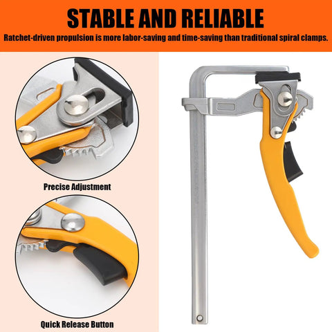 Four Pack Quick Release Ratcheting Table Clamps With Seven Inch Capacity And Two And Three Eighths Inch Throat Depth For MFT Track Saw And Guide Rail Systems Rotating Pressure Pad For Precise Woodworking Heavy Duty Durable Steel Build, clamp detail