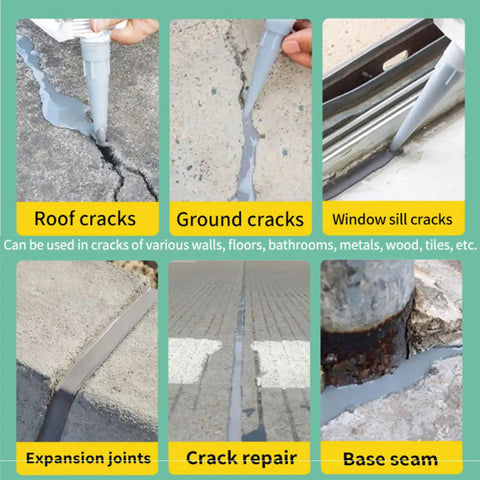 Tough As Nails Waterproof Self Leveling Sealant For Deep Crack Repair And Patching applied to various cracks in roofs, ground, and seams.
