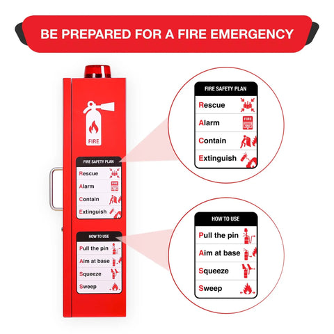 Red Wall Mount Fire Extinguisher Cabinet With Alarm And Lock And Clear Acrylic Break Glass Window Durable Metal Box That Fits 2.5 5 And 10 Pound Extinguishers For Quick Access Safety with visible emergency instructions