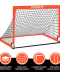 2 Pack 4 By 3 Feet Pop Up Soccer Goals Set For Indoor And Outdoor Practice Portable Goals With Carrying Bag And Ground Stakes Orange Perfect For Backyard Field Court shown with features and orange frame.