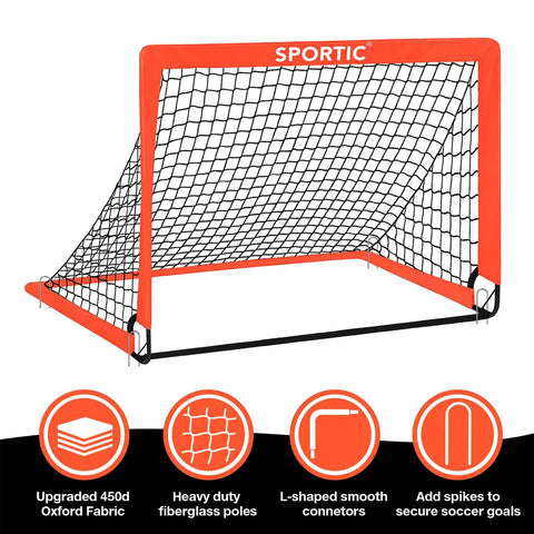 2 Pack 4 By 3 Feet Pop Up Soccer Goals Set For Indoor And Outdoor Practice Portable Goals With Carrying Bag And Ground Stakes Orange Perfect For Backyard Field Court shown with features and orange frame.