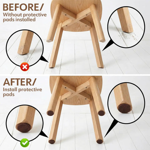 Before and after comparison of chair legs with 48 Pack Half Inch Brown Self Adhesive Felt Pads For Chair Legs Cabinet Doors Heavy Duty Round Furniture Protectors Easy Peel Stick Floor Savers With Insanely Smooth Glide And Zero Drag Setup.