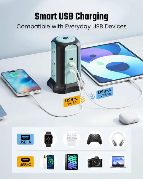 Must-Have Power Strip Tower With Wireless Charger And Surge Protector, 9 Outlets And 4 USB Ports, charging phones and tablet