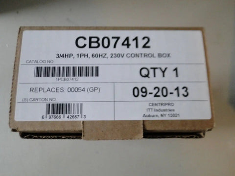 Label of CentriPro Three Quarter HP 230 Volt Submersible Water Well Pump Control Box CB07412 for three-wire motors.