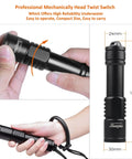 Hand holding D520 1000 Lumen Scuba Dive Light With Rotary Switch Compact Underwater Flashlight IP68 Waterproof, dimensions shown.
