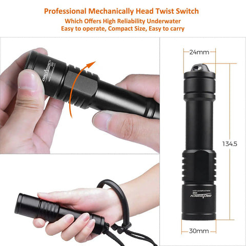 Hand holding D520 1000 Lumen Scuba Dive Light With Rotary Switch Compact Underwater Flashlight IP68 Waterproof, dimensions shown.