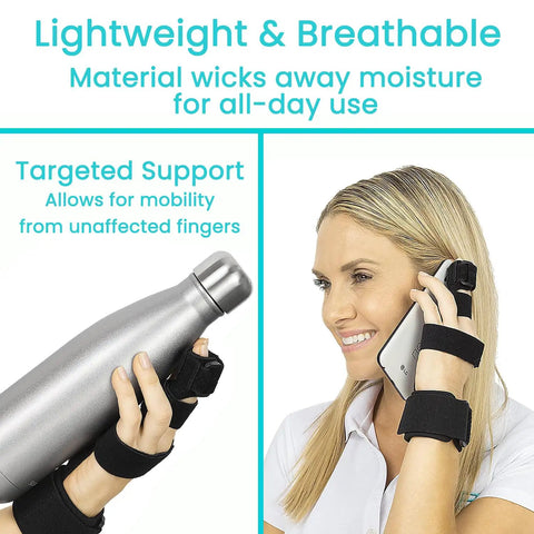 Woman wearing Full Trigger Finger Splint for Hand and Wrist Support, holding phone and bottle, showing practical use