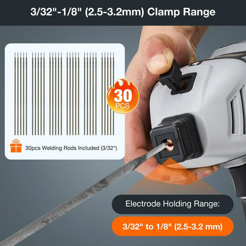 Pocket Sized Portable Arc Welder 110V Handheld With IGBT Inverter close-up with 30 included welding rods display.