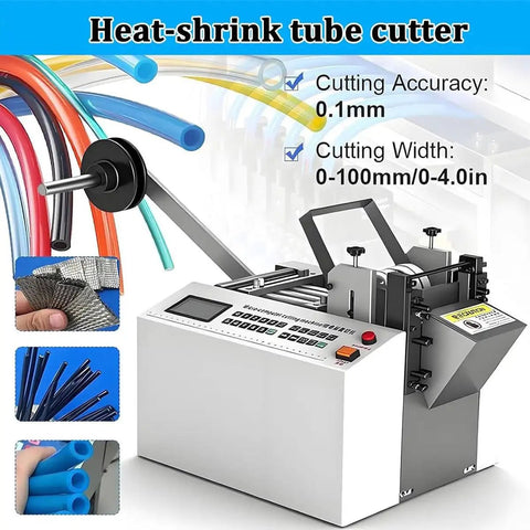 Heavy Duty Automatic Heat Shrink Tube Cutter Machine With Electric Power For Fast And Precise Fiberglass Sleeving Cutting Width 1Mm To 200mm, showcasing cutting mechanism with various tube sizes.