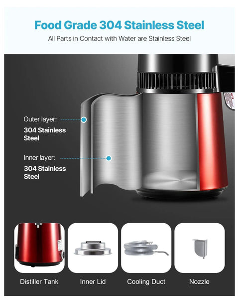 Premium Countertop Water Distiller With Four Liter Capacity And 1750 Watt Powerhouse, showcasing food grade 304 stainless steel components.