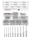 500 Piece Aluminum Pop Rivets Assortment Kit With Ten Sizes From One Eighth Inch To Three Sixteenths Inch Blind Rivets For Metal Quick Repairs And DIY Projects In Durable Rivet Box showing rivet box and different sized rivets.