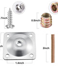 Heavy Duty Leg Mounting Plates Set For Sofas And Furniture Repair Four Two By Two Inch T Plates With Quarter Inch Depth And Five Sixteenth Inch M8 Hardware Hanger Bolts And Screws To Fix Wobbly Legs On Couches And Ottomans Rock Solid with dimensions shown