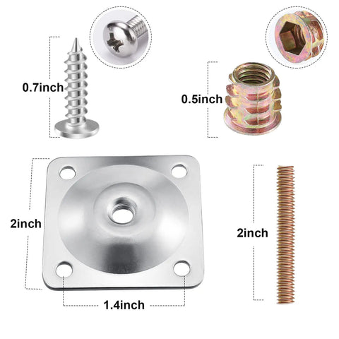 Heavy Duty Leg Mounting Plates Set For Sofas And Furniture Repair Four Two By Two Inch T Plates With Quarter Inch Depth And Five Sixteenth Inch M8 Hardware Hanger Bolts And Screws To Fix Wobbly Legs On Couches And Ottomans Rock Solid with dimensions shown