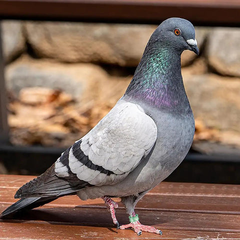 Pigeon wearing Lightweight Aluminum Bird Foot Rings Set With Serial ID Tags Split Leg Anklets for identification and training.