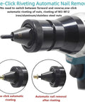 Close-up of Total Badass Cordless Automatic Rivet Nut Gun With Brushless Motor and its nuts for M3-M12 sizes