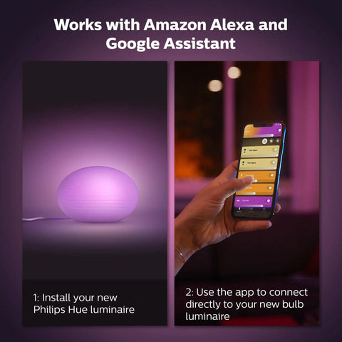 Flourish Smart Table Lamp White With Color Ambiance LED Color Changing Bulb showing app interface for Alexa and Google compatibility.