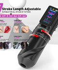 Cordless Tattoo Gun With 2300mAh Battery, Wireless Tattoo Machine showing 7 adjustable stroke lengths and smart display.