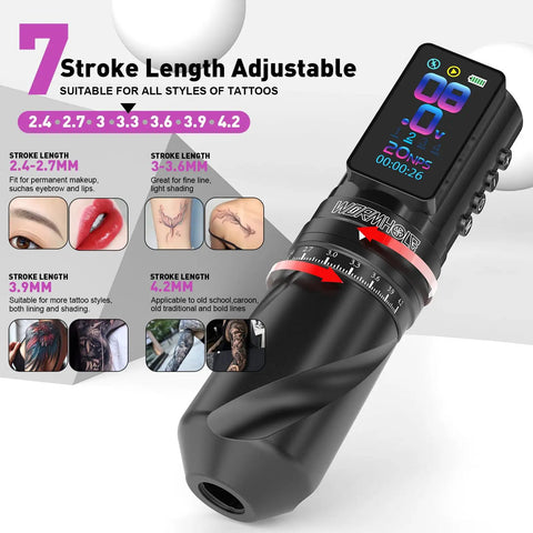 Cordless Tattoo Gun With 2300mAh Battery, Wireless Tattoo Machine showing 7 adjustable stroke lengths and smart display.