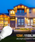 Dusk To Dawn Outdoor LED Bulbs With Built In Photocell Sensor, No Wiring Needed, 13W 100W Equivalent, E26 Base, shown lighting a house
