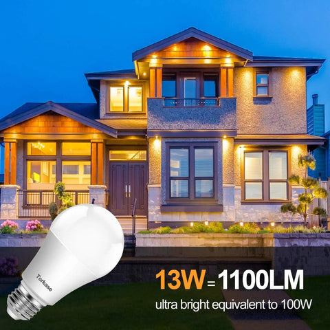 Dusk To Dawn Outdoor LED Bulbs With Built In Photocell Sensor, No Wiring Needed, 13W 100W Equivalent, E26 Base, shown lighting a house