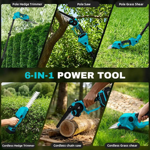 Six In One Pole Saw And Cordless Hedge Trimmer Kit with Eight And A Half Feet Reach Powerhouse Mini Chainsaw Grass Trimmer