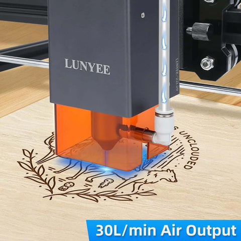 LUNYEE air assist pump for laser cutter, 30 L/min output, black unit with orange base, fits D1 Pro/D1