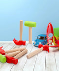 Ten Pack Kids Hammer Toy Set With Wooden Handles In Red And Green, Realistic Wood Tool Playset For Little Builders, Safe Durable Educational Pretend Play Toy For Boys And Girls on floor