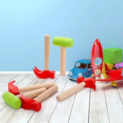 Ten Pack Kids Hammer Toy Set With Wooden Handles In Red And Green, Realistic Wood Tool Playset For Little Builders, Safe Durable Educational Pretend Play Toy For Boys And Girls on floor