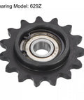 Top Shelf 3/8 Pitch 35 Chain Idler Sprocket With Single Bearing For ISO 06C Roller Chains 15 Tooth close-up view with 629Z bearing.