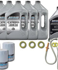 Mercury Verado Triple Engine 100 Hour Oil Change Kit With 25W50 Gear Lube Pump Lower Unit Gaskets Filters And Complete Parts For Verado L6 Outboards 200 225 250 275 300 350 400HP, showing oil bottles, filters, and pump.