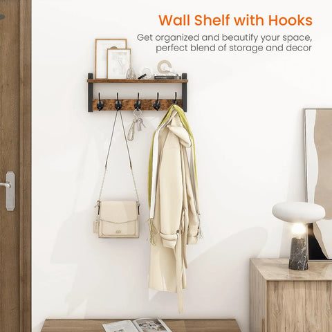 Rustic Wood Wall Shelf With Five Metal Hooks Coat Rack in entryway with coats and purse, rustic brown and black finish
