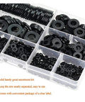800 Pcs Black Nylon Flat Washers Set Nine Sizes M2 To M12 Insulation Anti Corrosion Plastic Washers Universal Storage Box Kit For Electronics Automotive Appliances And DIY Projects, assorted in labeled organizer