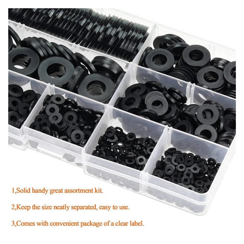 800 Pcs Black Nylon Flat Washers Set Nine Sizes M2 To M12 Insulation Anti Corrosion Plastic Washers Universal Storage Box Kit For Electronics Automotive Appliances And DIY Projects, assorted in labeled organizer