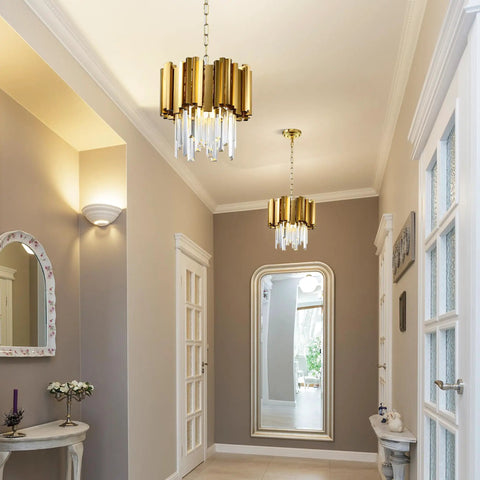 Dope Modern Crystal Pendant Light Fixture Round Hanging Chandelier with Gold Finish 2 Tier Contemporary Crystal Chandelier in hallway