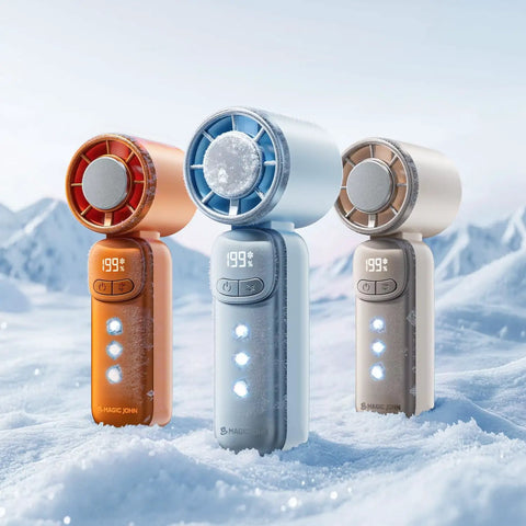 Three Portable Handheld Turbo Fan With Ice Cooling And 199 Speed Infinite Adjustment Rechargeable Personal Fan for outdoor use.